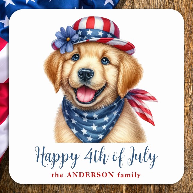 Happy 4th of July Patriotic Puppy Golden Retriever Square Sticker (Creator Uploaded)