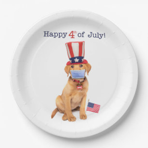 Happy 4th of July Puppy in Face Mask Paper Plate