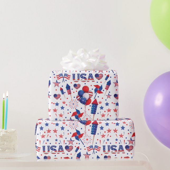 Happy 4th of July Red Blue Cute Party Wrapping Paper (Party Gifts)