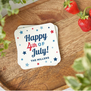 Happy 4th of July Red White and Blue Patriotic Square Paper Coaster