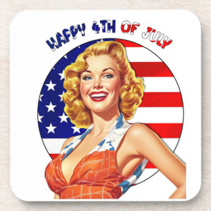 Happy 4th of July Retro Pin-up Girl Art Coaster