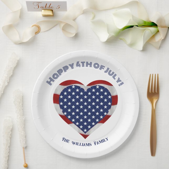Happy 4th of July Stars and Stripes Heart Paper Plate (Wedding)