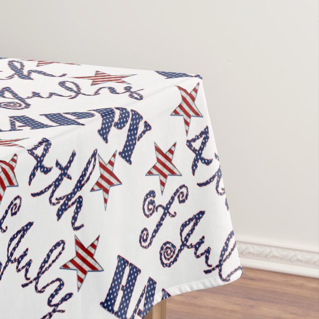 Happy 4th of July Stars and Stripes Red White Blue Tablecloth (In Situ)