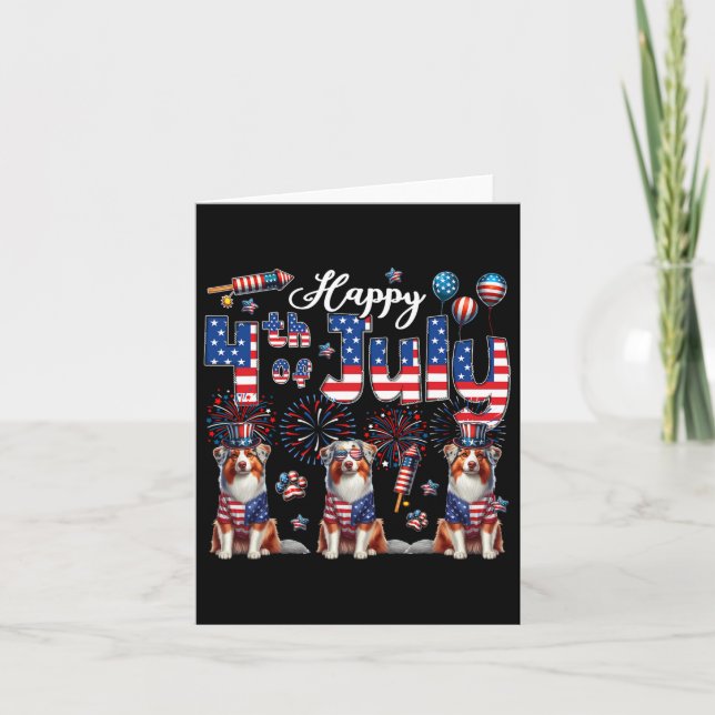 Happy 4th Of July Three Cute Australian Shepherds  Card (Front)