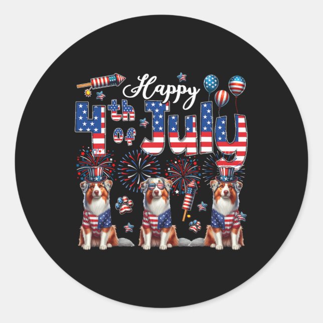 Happy 4th Of July Three Cute Australian Shepherds  Classic Round Sticker (Front)