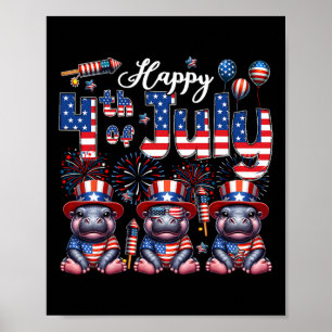 Happy 4th Of July Three Cute Hippos Sungles Flag P Poster