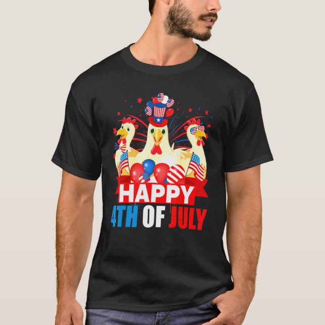 Happy 4th Of July Three Pride American Flag Chicke T-Shirt (Front)