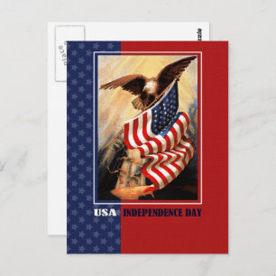 Happy 4th of July. Vintage Eagle and USA Flag Postcard