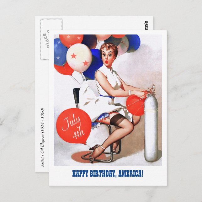 Happy 4th of July. Vintage Pin-up  Postcard (Front/Back)