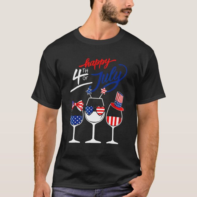 Happy 4th Of July Wine Glass US American Flag  Dri T-Shirt (Front)