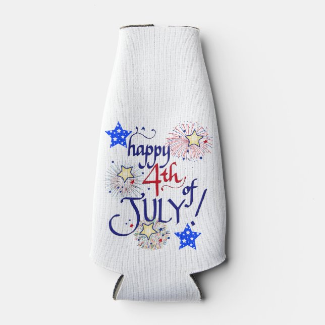 Happy 4th of July! with fireworks and stars Bottle Cooler (Front)