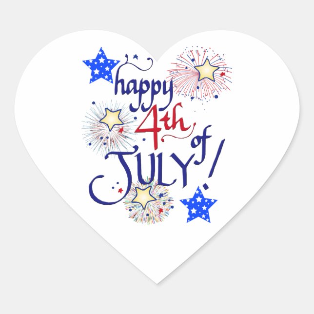 Happy 4th of July! with fireworks and stars Heart Sticker (Front)