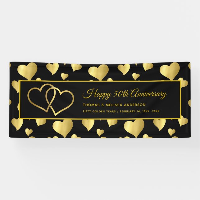 HAPPY 50TH ANNIVERSARY GOLD LINKED HEARTS BANNER (Horizontal)