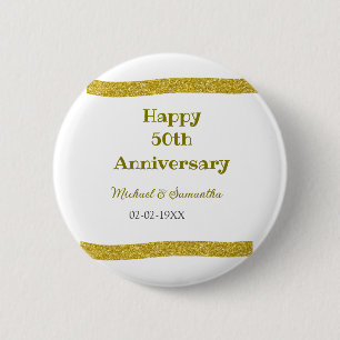 Happy 50th anniversary golden glitter border grey 6 cm round badge