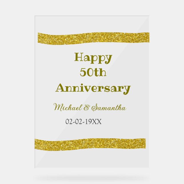 Happy 50th anniversary golden glitter border grey  acrylic sign (Front)