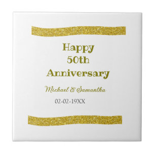Happy 50th anniversary golden glitter border grey ceramic tile