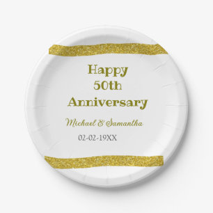 Happy 50th anniversary golden glitter border grey paper plate