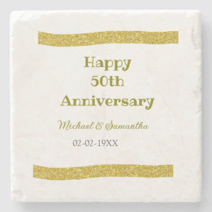 Happy 50th anniversary golden glitter border grey stone coaster
