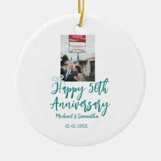 Happy 50th anniversary photo turquoise bow name da ceramic ornament