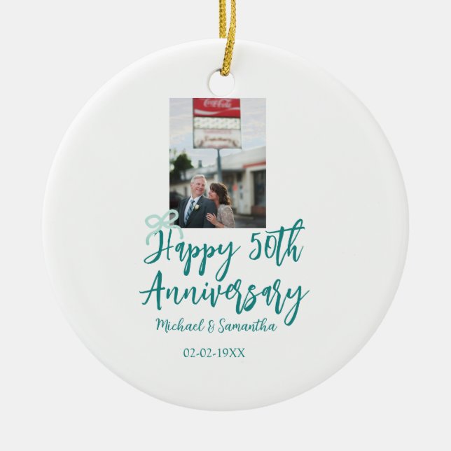 Happy 50th anniversary photo turquoise bow name da ceramic ornament (Front)