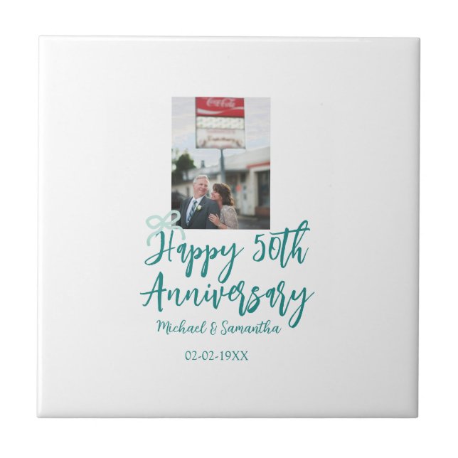 Happy 50th anniversary photo turquoise bow name da ceramic tile (Front)