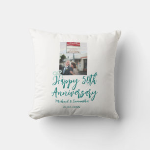 Happy 50th anniversary photo turquoise bow name da cushion