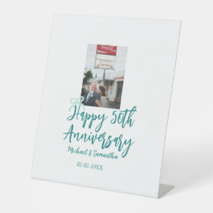 Happy 50th anniversary photo turquoise bow name da pedestal sign