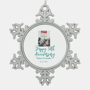 Happy 50th anniversary photo turquoise bow name da snowflake pewter christmas ornament