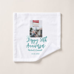 Happy 50th anniversary photo turquoise bow name da wash cloth