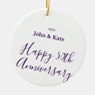 Happy 50th anniversary purple name year simple ceramic ornament