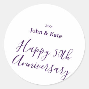 Happy 50th anniversary purple name year simple classic round sticker