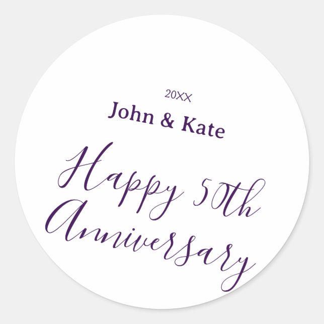 Happy 50th anniversary purple name year simple  classic round sticker (Front)