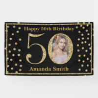 Happy 50th Birthday Banner Black and Gold Photo