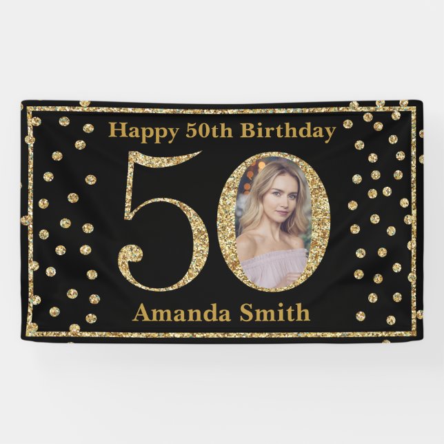 Happy 50th Birthday Banner Black and Gold Photo (Horizontal)