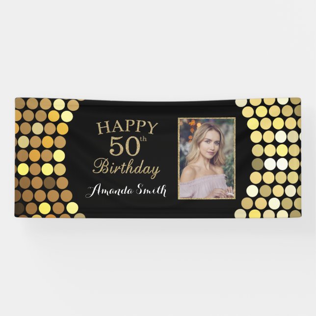 Happy 50th Birthday Banner. Gold Glitter Photo Banner (Horizontal)