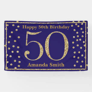 Happy 50th Birthday Banner Navy Blue Gold Glitter