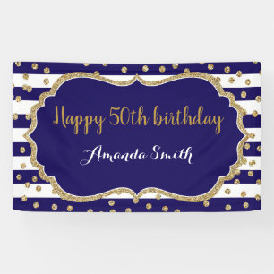 Happy 50th Birthday Banner. Navy Blue Gold Glitter Banner