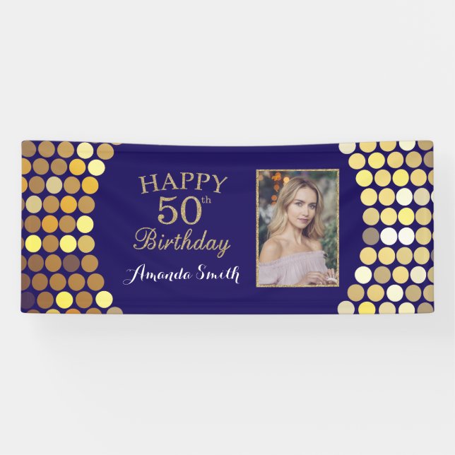 Happy 50th Birthday Banner. Navy Blue Gold Photo Banner (Horizontal)
