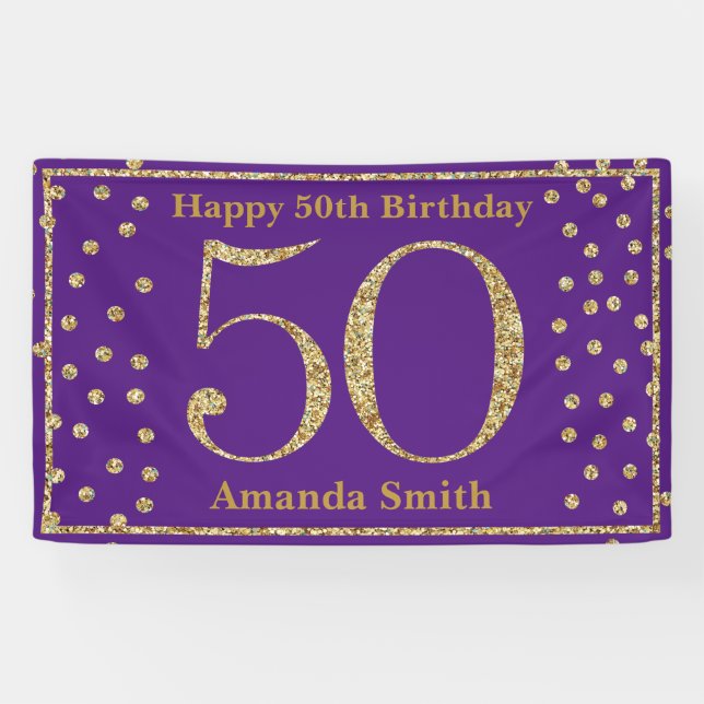 Happy 50th Birthday Banner Purple and Gold Glitter (Horizontal)