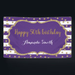 Happy 50th Birthday Banner Purple and Gold Glitter<br><div class="desc">Happy 50th Birthday Banner for women or man. Purple and Gold Birthday Party Banner. Gold Glitter Confetti. Black and White Stripes. Printable Digital. For further customization,  please click the "Customize it" button and use our design tool to modify this template.</div>