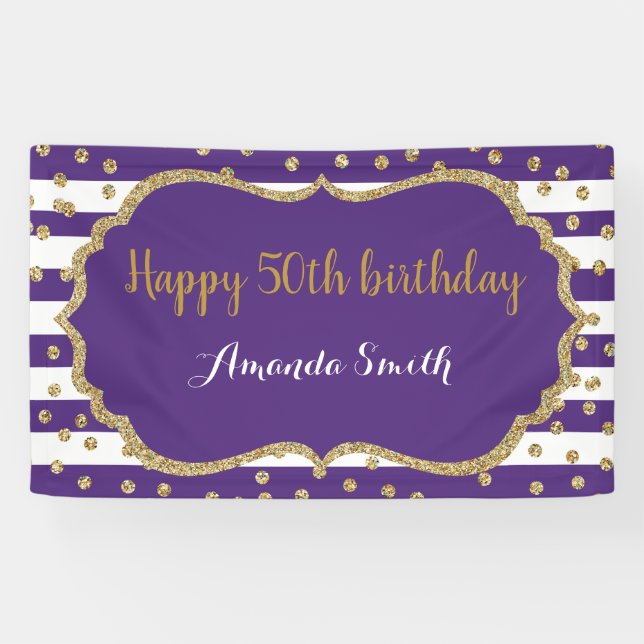 Happy 50th Birthday Banner Purple and Gold Glitter (Horizontal)