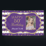 Happy 50th Birthday Banner Purple Gold Photo<br><div class="desc">Happy 50th Birthday Banner for women or man. Purple and Gold Glitter Birthday Party Banner. Gold Glitter Confetti. Black and White Stripes. Printable Digital. For further customisation,  please click the "Customise it" button and use our design tool to modify this template.</div>