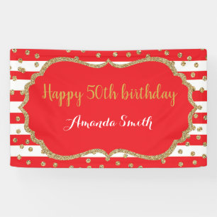 Happy 50th Birthday Banner Red and Gold Glitter