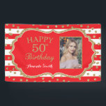 Happy 50th Birthday Banner Red Gold Glitter Photo<br><div class="desc">Happy 50th Birthday Banner for women or man. Red and Gold Glitter Birthday Party Banner. Gold Glitter Confetti. Red and White Stripes. Printable Digital. For further customisation,  please click the "Customise it" button and use our design tool to modify this template.</div>