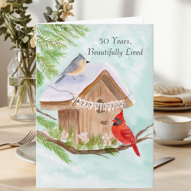  Happy 50th Birthday Birds at Birdhouse Card (Creator Uploaded)