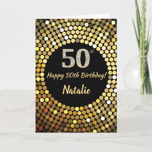 Happy 50th Birthday Black and Gold Glitter Card (Front)
