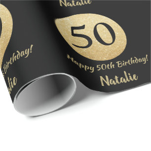 Happy 50th Birthday Black and Gold Glitter Wrapping Paper