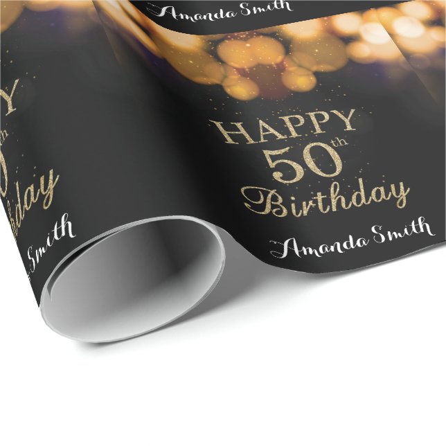 Happy 50th Birthday Black and Gold Glitter Wrapping Paper (Roll Corner)