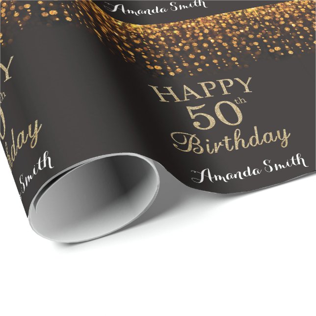 Happy 50th Birthday Black and Gold Glitter Wrapping Paper (Roll Corner)