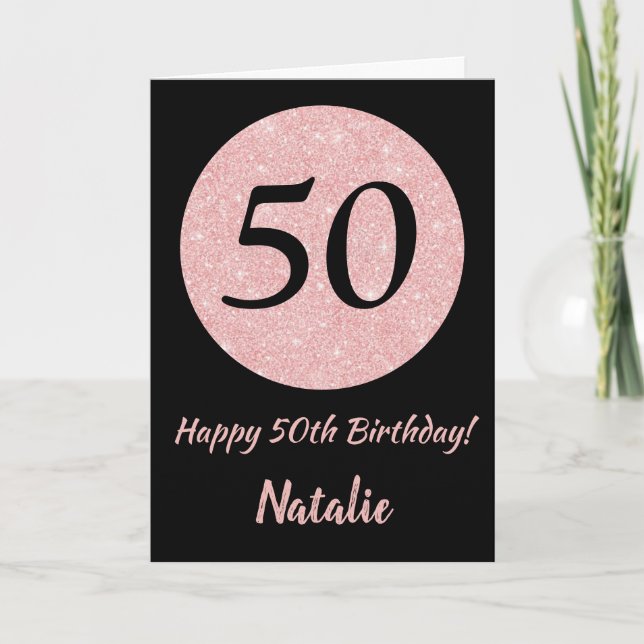 Happy 50th Birthday Black and Rose Pink Gold Card (Front)
